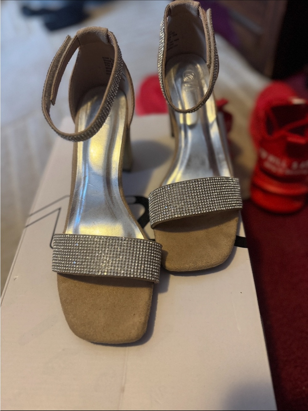 Taupe Rhinestone Ankle-Strap Block Heels